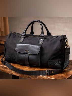 Vintage Black Canvas & Leather Weekender Duffel Bag